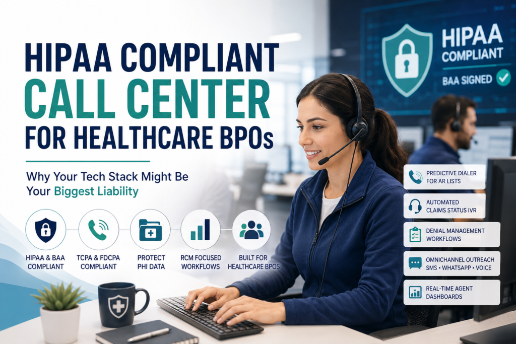 Healthcare BPO call center agent using a HIPAA-compliant contact center platform with secure patient data, predictive dialer, claims management, and compliance features for revenue cycle management.