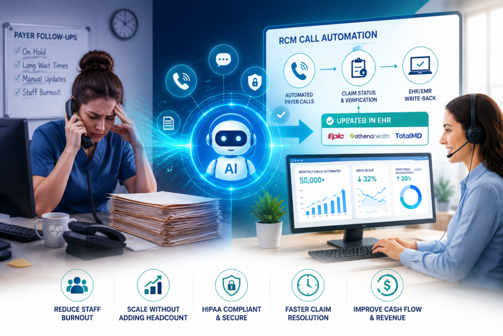 AI-powered RCM call automation platform helping healthcare billing teams automate payer claim status calls, reduce staff burnout, update EHR systems, and improve revenue cycle efficiency with HIPAA-compliant workflows.